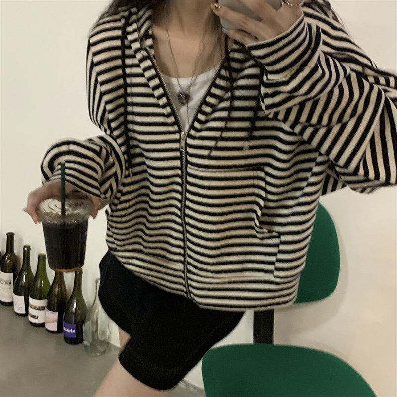 Striped Versatile Loose Fitting Laid Back Hoodie