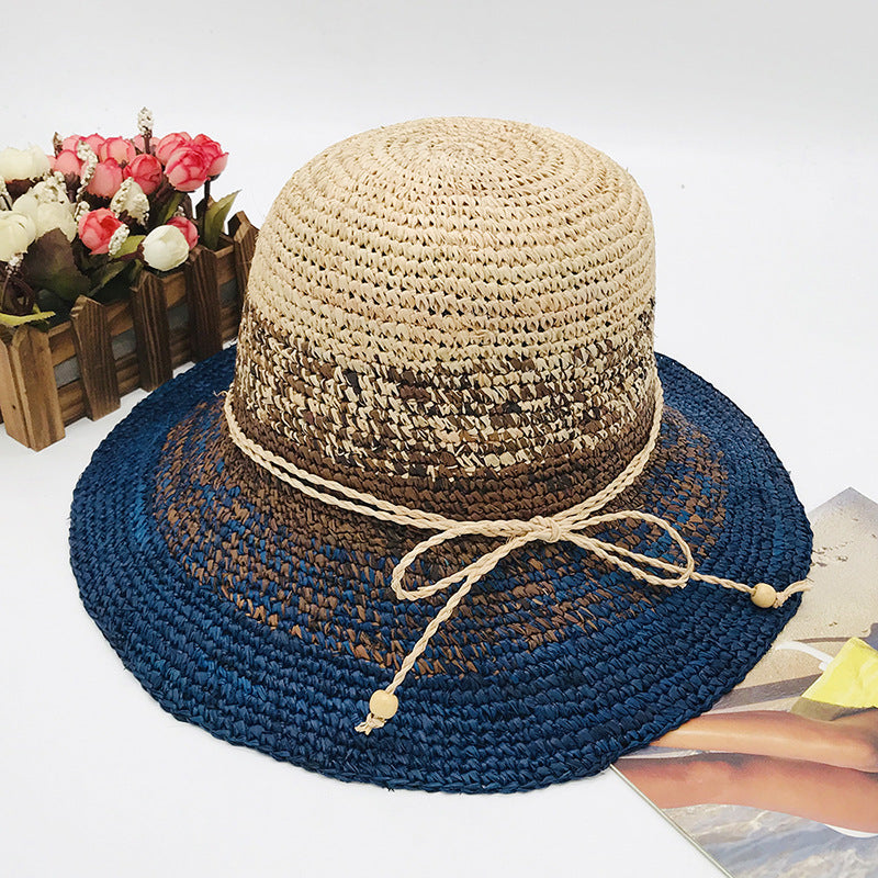 Raffia Crochet Shade Dome Flat Brim Women's Woven Straw Hat