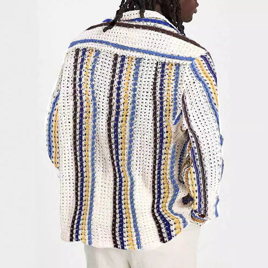 Striped Multi-color Contrast Color Casual Cardigan Sweater Men's Top