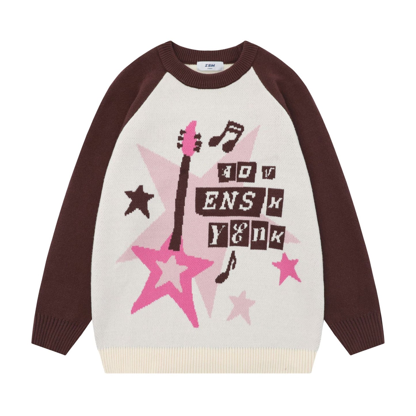 Loose Color Matching Jacquard Round Neck Knitted Sweater