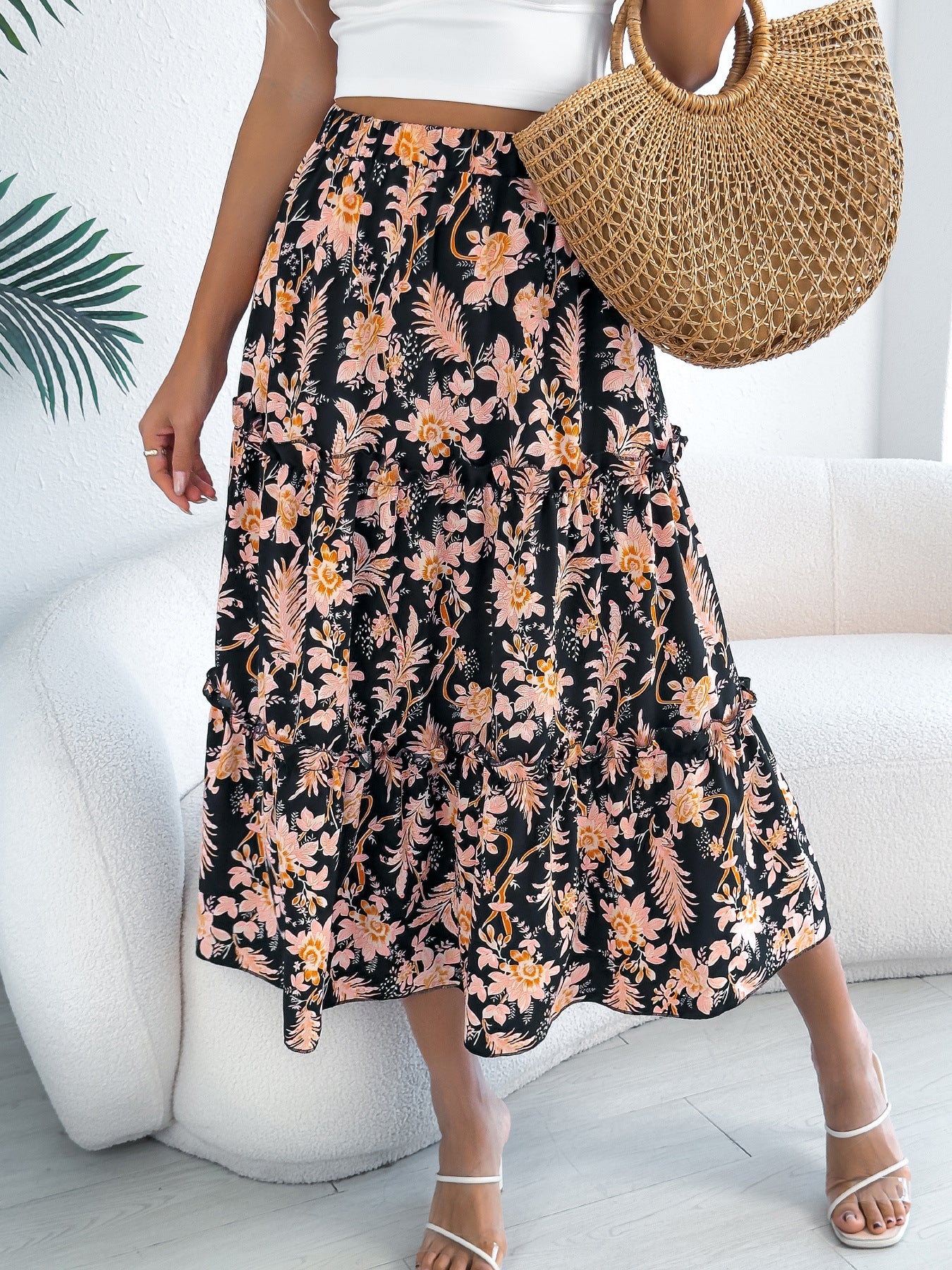 Ladies' Fashion Casual Floral Mid-length Skirt