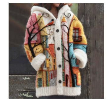 New Christmas Abstract Printed Casual Cloak Coat
