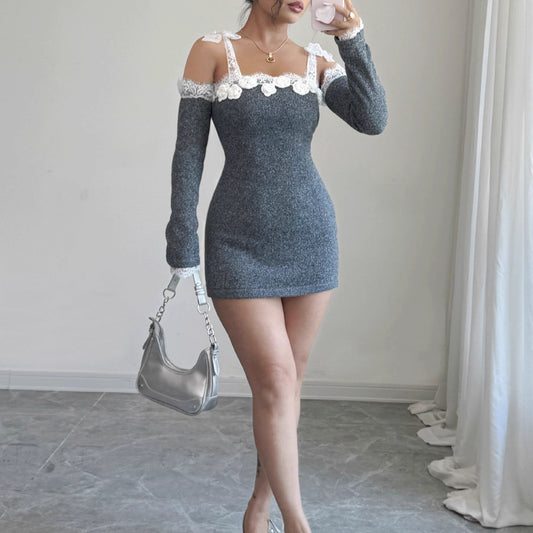 Blonde Off-shoulder Oversleeves Adskilt Type Strikket Kjole