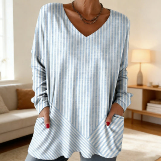 Blue White Stripe V-neck Loose Pocket Top