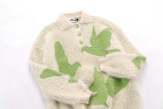Carrier Pigeon Jacquard Furry Lapel Sweater Men's And Women's Loose Hip Hop Casual Knitwear