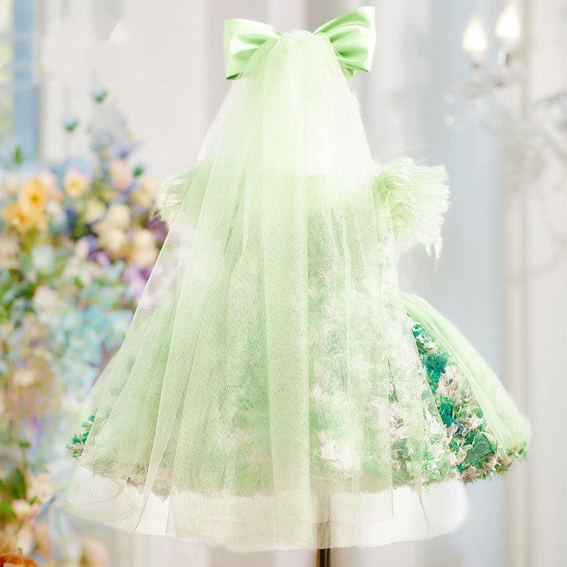 Green Fairy Princess Dress For Kids Ultra-Fairy Puff-Sleeve Birthday Party Tutu Gown