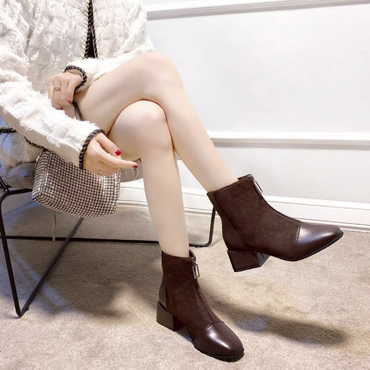 Womens Fashionable Mid-Heel Ankle Boots With Front Zipper