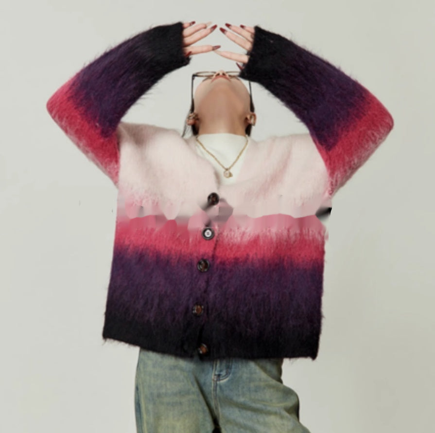 Casual V-neck Gradient Mohair Knitted Top