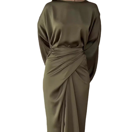 Batwing Sleeve Belt Waist Slimming Solid Color Dress