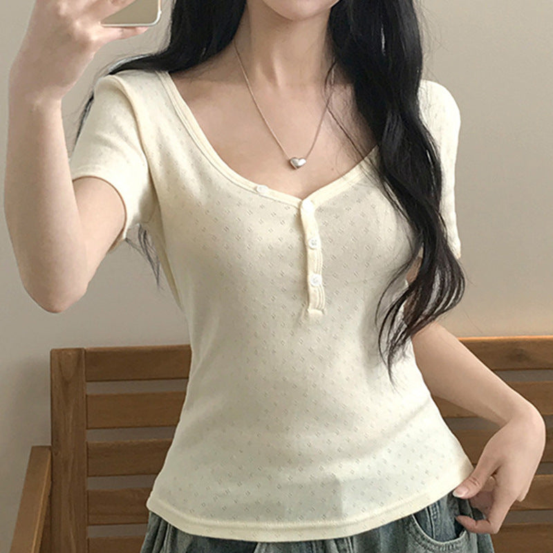 Texture Sense V-neck Double-breasted Short Sleeve Slim Fit Slimming T-shirt Women's Summer