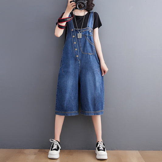 Women's Plus Size Korean Style Denim Overalls Five Points Pants