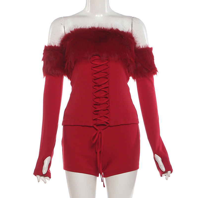 Womens Solid-Color Fluffy Patchwork Long-Sleeve Halter Top And Shorts Set