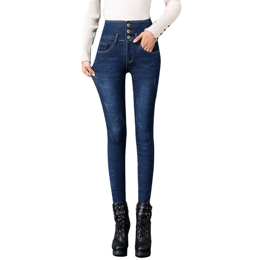 Plush padded jeans women's high-waisted trousers