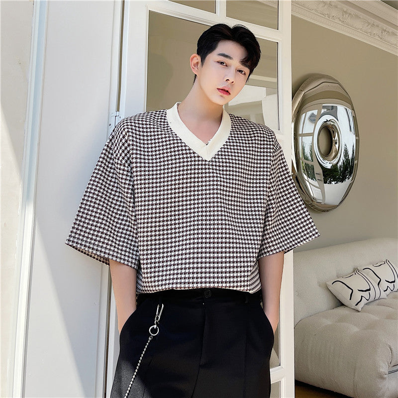 Half-sleeve Loose Plaid Body Shirt Five-sleeve Top