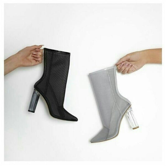 Women's Thick High-heeled Transparent Mesh Pointed Sandals