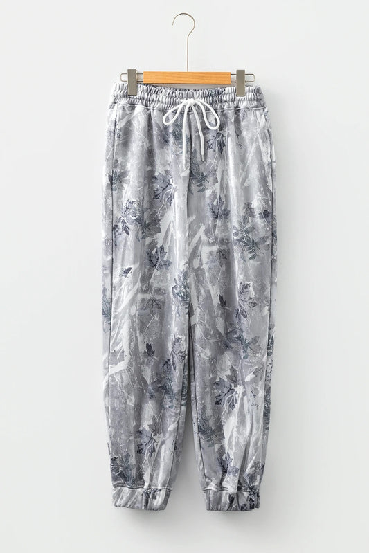 Gray Camouflage Printing Comfortable Drawstring Elastic Waist Ankle Banded Pants