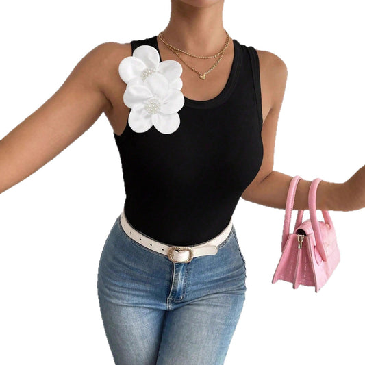 Womens Sleeveless 3D Floral-Decorated Solid-Color Tank Top