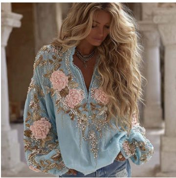 Loose, Plus-size Long-sleeve Slimming Blouse With A Stylish Artistic Vibe