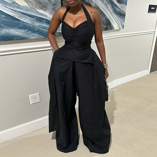 Sexy Halter V-neck Irregular Sleeveless High Waist Ribbon Jumpsuit Trousers