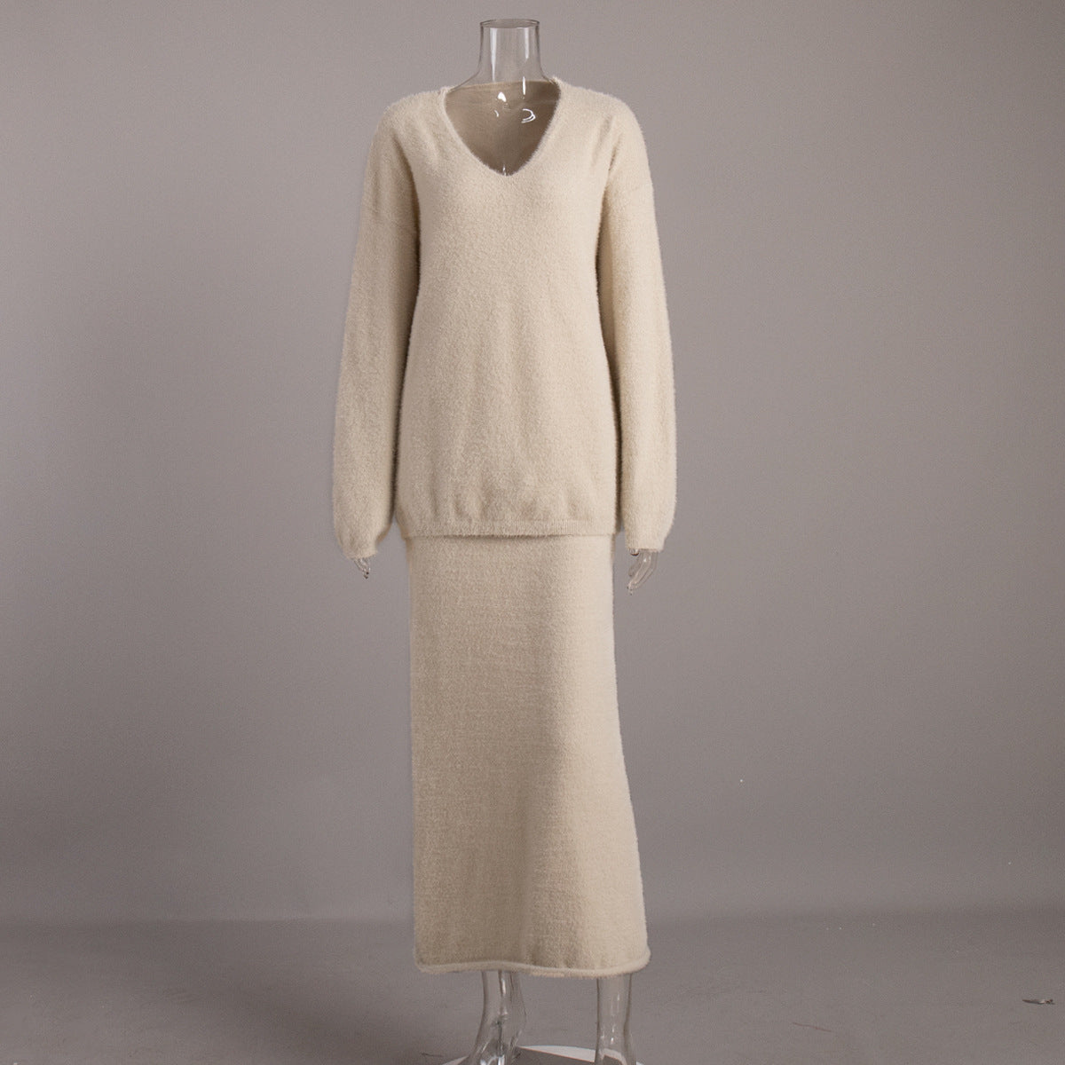 Simple Knitting V-neck Sweater Skirt Suit