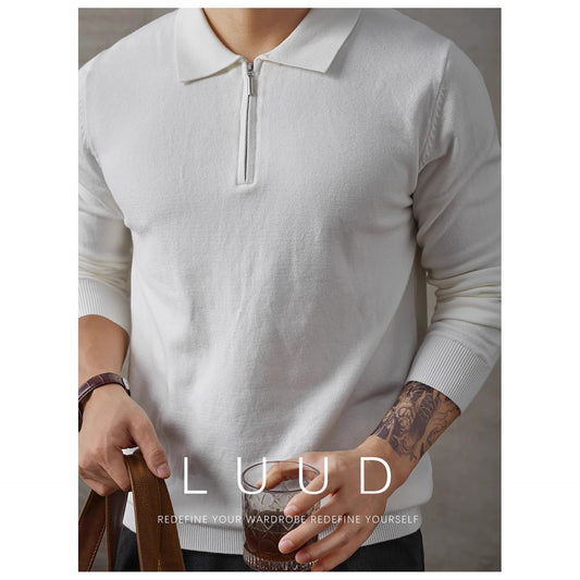 Half-height Zip Knitted Long-sleeved Polo Shirt Sweater For Men