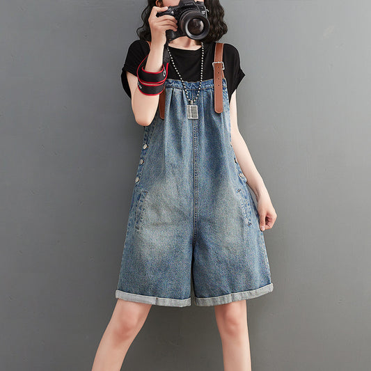 Korean Version Of The New Fat Sister Summer Contrast Color Shoulder Strap Denim Overalls 5 Points