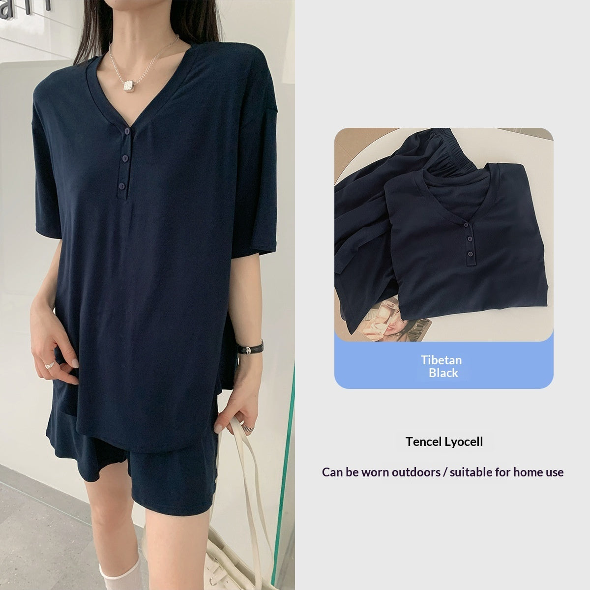 Home Wear Set Cool-to-the-touch V-neck Short-sleeve Shorts Skin-friendly Soft Loose-fitting Pajamas