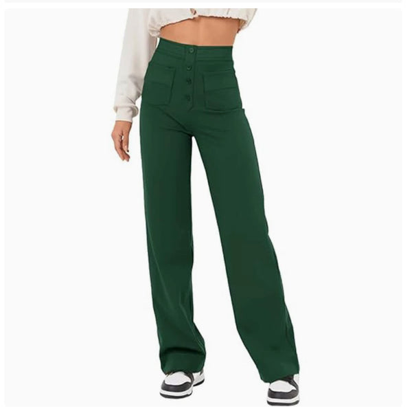 New Fall Women's Clothing High Waist Pocket Wide Leg Button Casual Baggy Straight Trousers Trousers