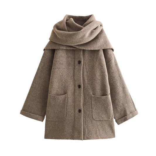 European And American 3-color Short Knitted Coat With Scarf
