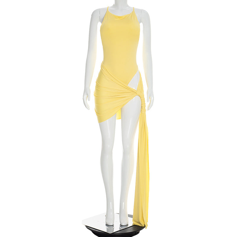 Solid-color Casual Sleeveless Jumpsuit With A Tie-dye Midi Skirt