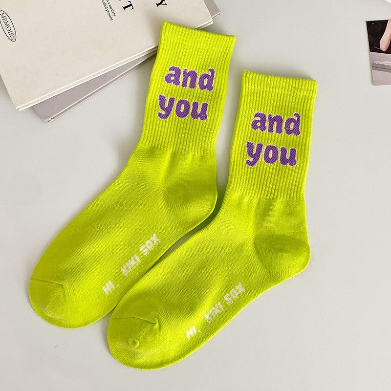 Tube Socks Women's Autumn Purple Letter High Waist Cotton Socks
