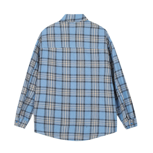 American Fashion Brand Badge Plaid Long Sleeve Shirt Outer Wear