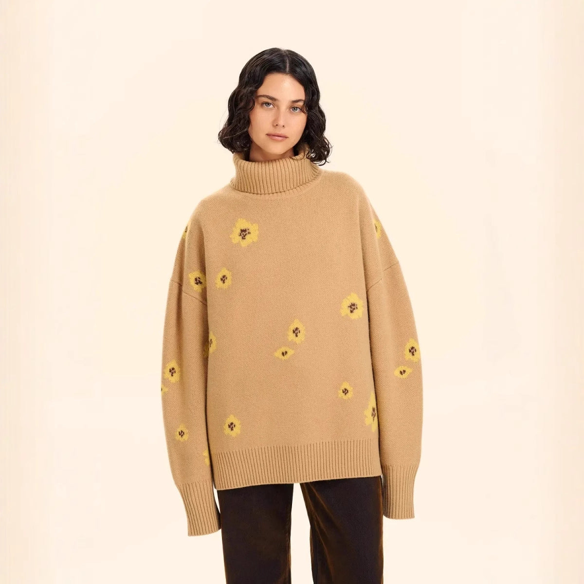 Women's Flower Jacquard Turtleneck Sweater