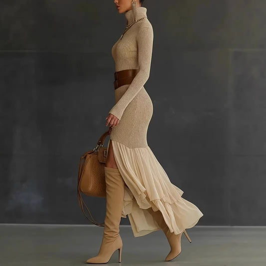 Womens High-neck Ribbed Midi Dress For Spring Autumn And Winter European And American Style