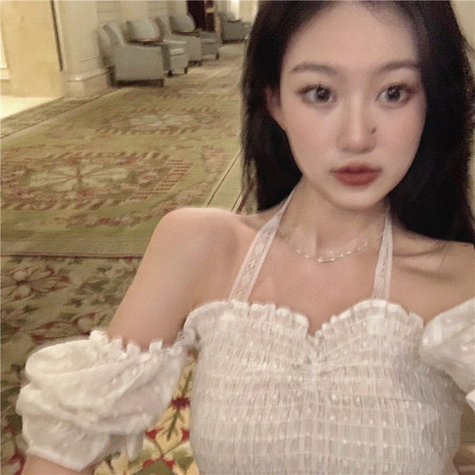 Short Puff Sleeve Top White Shirt Women's