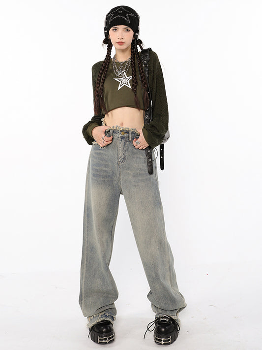 American High Waist Straight Wash Made Old Jeans Women