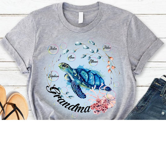 Personlig Farmor Skildpadde T-shirt med Barnebarns Navn