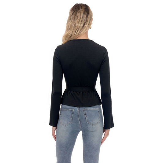 French Niche Design Women's Black V-neck Long-sleeved Waist-cinching Knit Top
