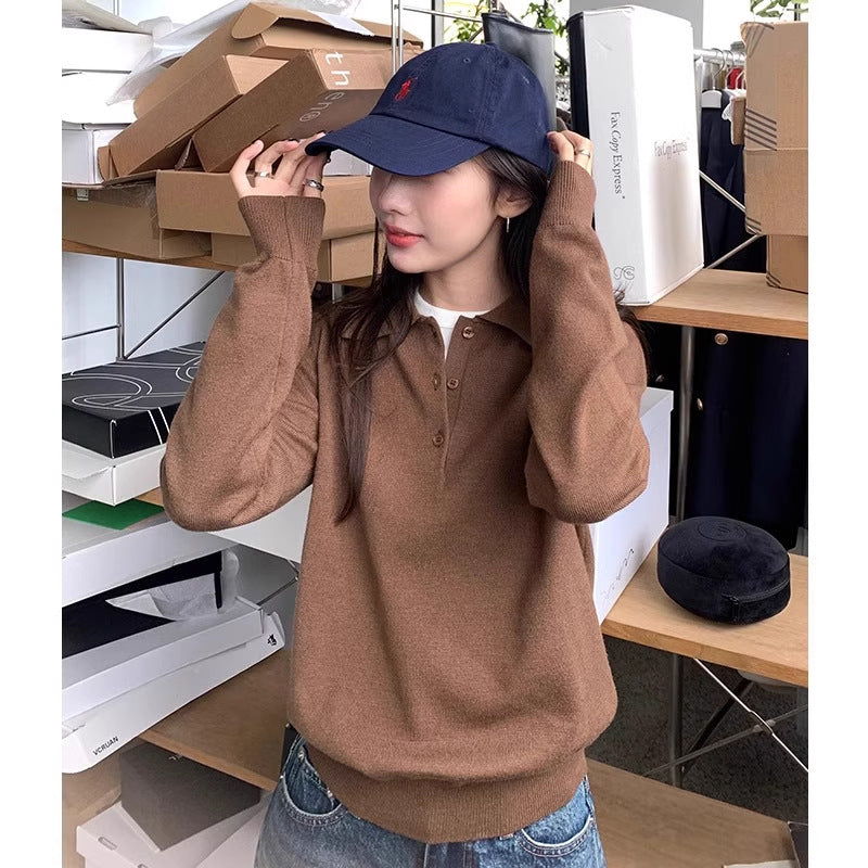 Korean-Style Youthful Embroidered Polo-Neck Knit Top