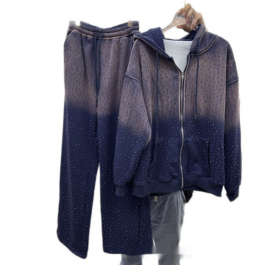 Hooded Loose Long Sleeves Zipper Jacket Elastic Waist Pants Suit
