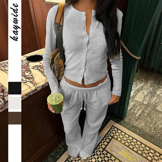 Womens Solid-Color Base Shirt And Casual Pants Set