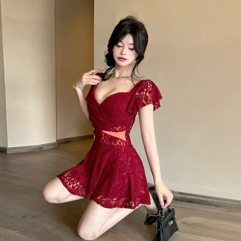 Flutter Sleeve Lace Hollow-Out Maxi Dress Petticoat