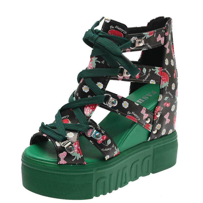 Platform Wedge Fish Mouth Print Sandals