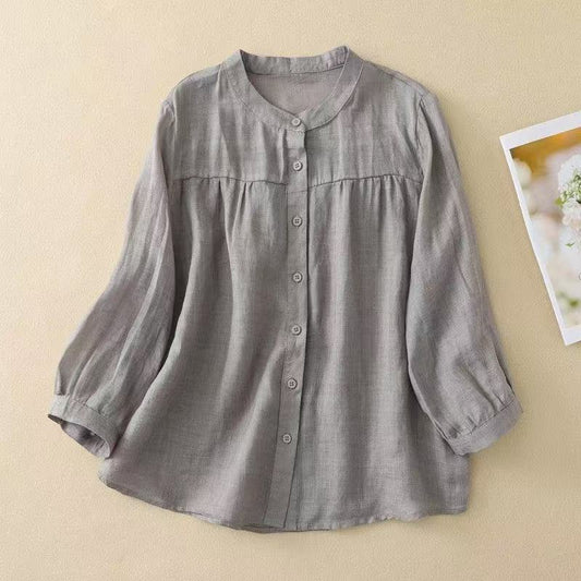 Casual Relaxed-fit Artistic Three-quarter-length Solid-color Shirt
