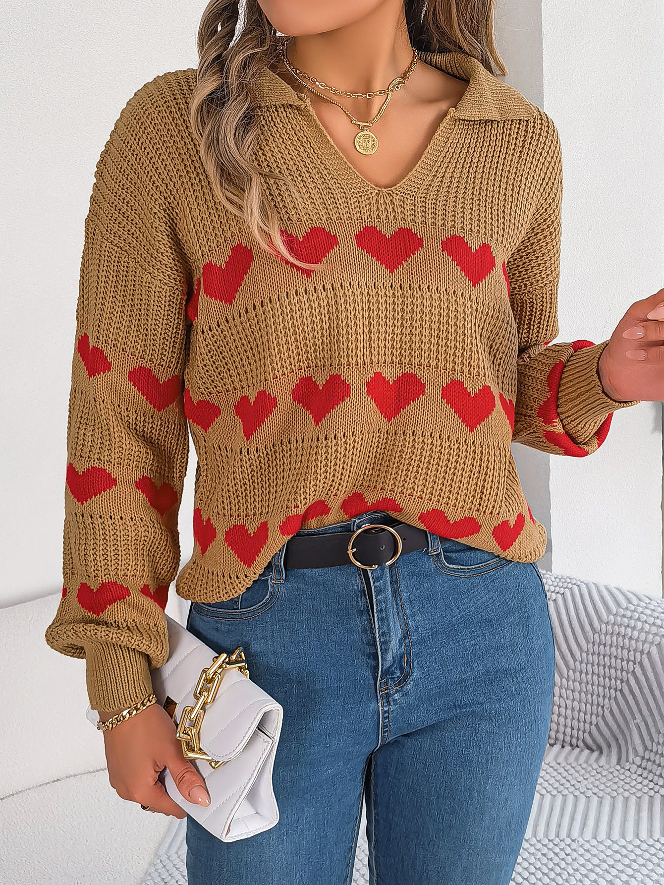 Women Casual V-Neck Lantern Sleeve Color Block Heart Pullover Sweater