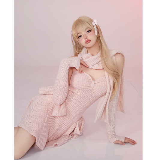 Corn Knit Strapless Dress With Breast Pad