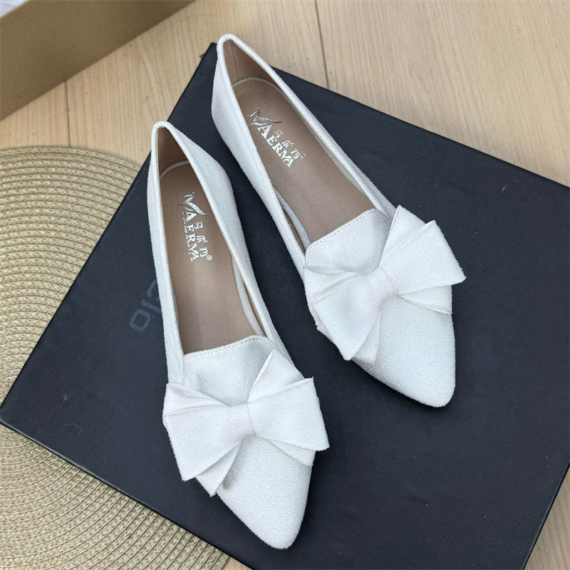Women's Versatile Solid Color Bow Pointed Flat Shoes