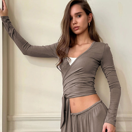 Milk Silk Comfortable Sleepwear For Women Long Sleeve Top And Long Pants Two Piece Set