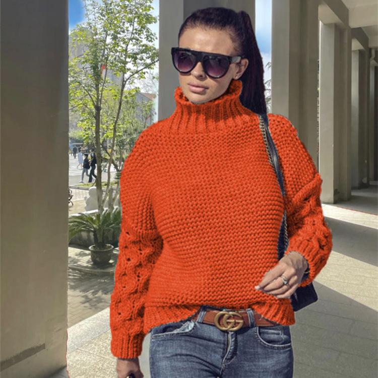 Loose Cable-knit Solid Color Turtleneck Sweater For Women
