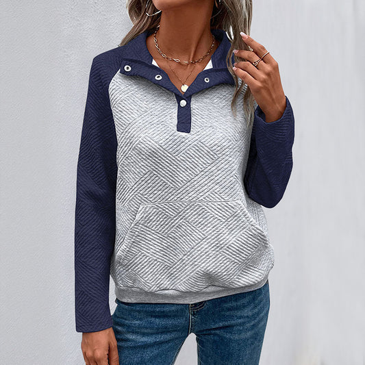 Casual And Minimalist Women's Color-Block Polo-Neck Hoodie
